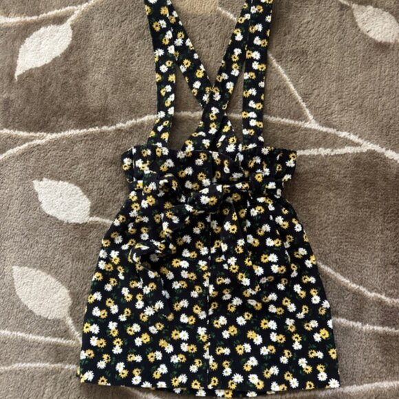 Urban Outfitter Corduroy Pinafore Suspender Skirt XS Dress Yellow Black Floral - Picture 1 of 3